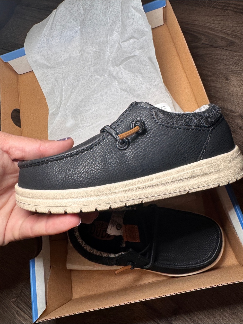 Kids Black Leather Slip-On Hey Dudes